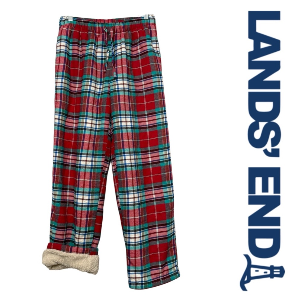 Lands End Sherpa Lined Flannel Pajama Pants Cozy Plaid‎ Warm Pockets Small 28-30